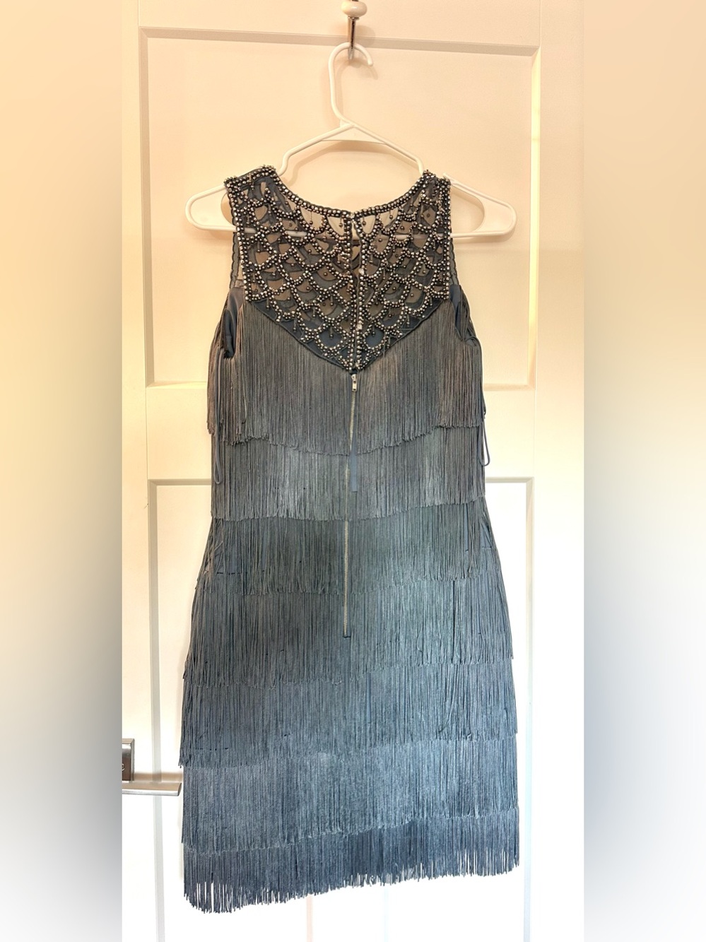Badgley Mischka Silver-Gray Beaded Fringe Mini Dress - Picture 2 of 3